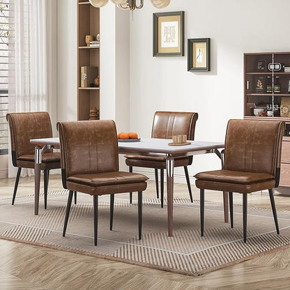 VECELO Upholstered PU Dining Chairs Set of 4, Kitchen Chairs with Padded Seat for Living Room, Dining Room, High Back and Steel Legs, Easy Assembly, Brown