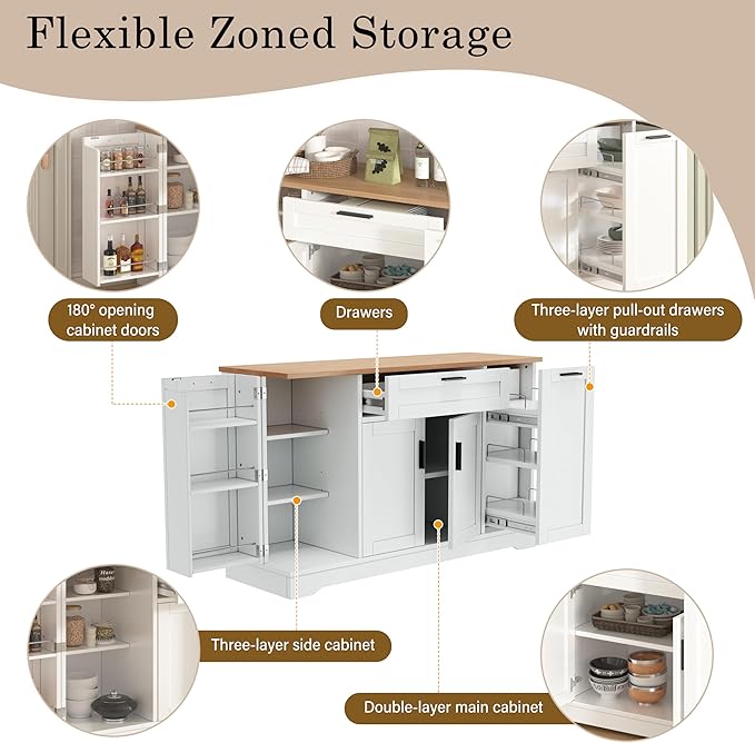 Multi-Functional Storage Sideboard with Extendable Dining Table, Black Kitchen Island Cabinet with 3-Tier Pull-Out Rack and Adjustable Shelves for Kitchen, Dining Room, Living Room,WhiteParticleBoardM