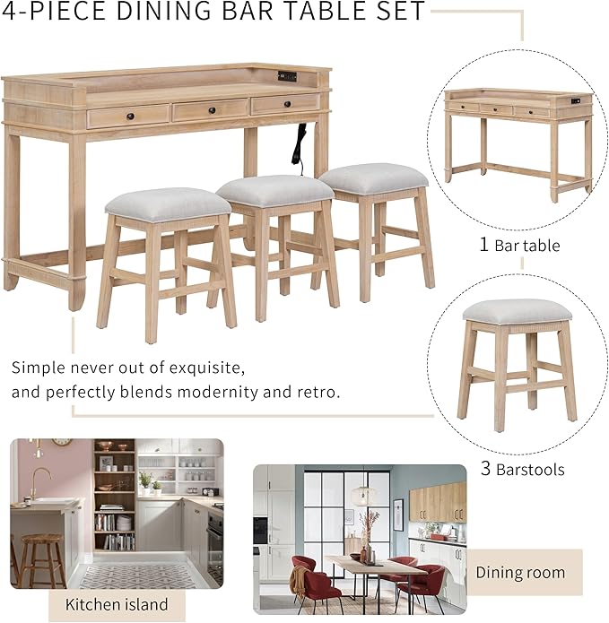 VilroCaz 4-Piece Counter Height Extra Long Dining Table Set with 3 Drawers and Upholstered Stools, Rubber Wood Dining Table Set Home Bar Table Set with Footrest and USB Port (Natural-B1)