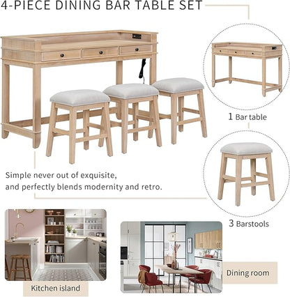 VilroCaz 4-Piece Counter Height Extra Long Dining Table Set with 3 Drawers and Upholstered Stools, Rubber Wood Dining Table Set Home Bar Table Set with Footrest and USB Port (Natural-B1)