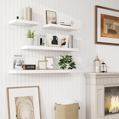 Acovy 16 Inch Floating Shelves, 9.3" Deep Floating Shelf Wall Mounted, 16" Wall Shelves, Rustic Deep Bookshelf, Large Display Shelves & Storage Shelves for Bedroom, Living Room, White, Set of 2
