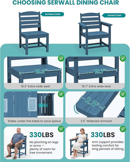 SERWALL Patio Dining Sets for 6 Person, HDPE Dining Set with 6 Armless Chairs, Blue