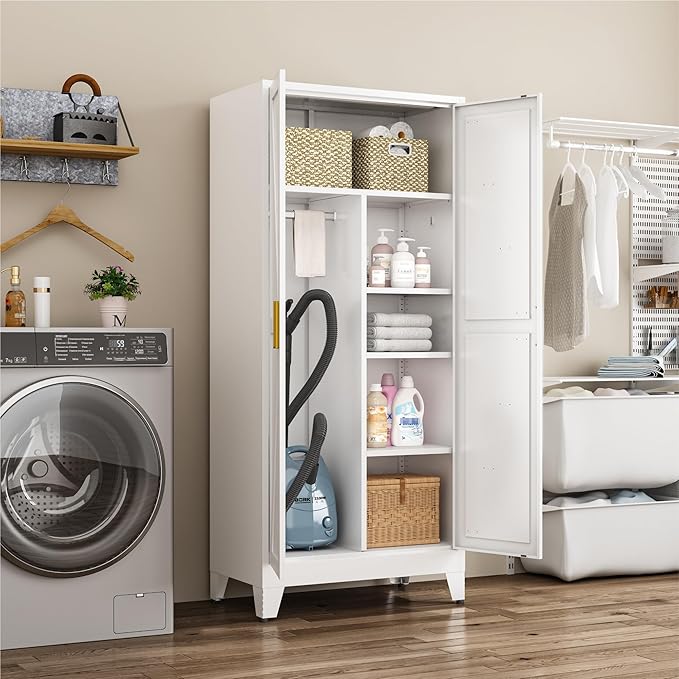 Metal Combination Cabinet, Utility Storage Cabinet with 4 Shelves, Farmhouse Pantry Closet with Doors, 71" Tall Storage Cabinets with Hanging Rod and Clothing Shelf for Hallway Laundry Mudroom