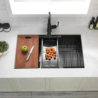 32x19 Black Workstation Kitchen Sink Undermount, Swift horse 32 Inch 16Gauge Black Stainless Steel Undermount Kitchen Sink, Single Bowl Workstation Kitchen Sinks with Built-In Accessories