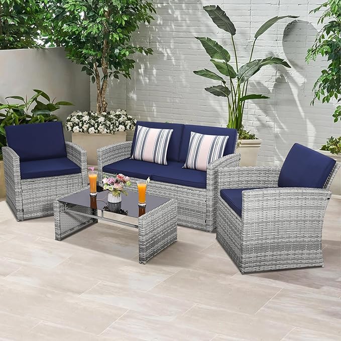 KROFEM 4-Piece Patio Furniture Set, Wicker Outdoor Rattan Sectional Sofa with Cushions and Glass Table, All-Weather Outdoor Conversation Set, Ideal for Garden, Porch, Backyard, Navy