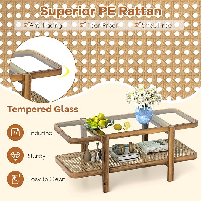Tangkula Rattan Coffee Table, 47.5”L Boho Cocktail Tables, 2-Tier Center Table with Tempered Glass Tabletop, PE Rattan Shelf & Acacia Wood Frame, Mid Century Modern Tea Table for Living Room (Natural)