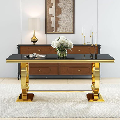 70'' Modern Black Tempered Glass Dining Table for 6, Rectangular Luxury Kitchen Table with Gold Polished Stainless Steel U-Shaped Pedestal Base, Features Bead Detailing, for Dining Room, Table Only