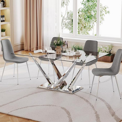 Luxury Silver Glass Dining Table for 4-6 Modern 63-Inch Rectangular Kitchen & Dining Room Table with Double V-Shape Stainless Steel Base Large Clear Glass Top Dining Table for Home Office