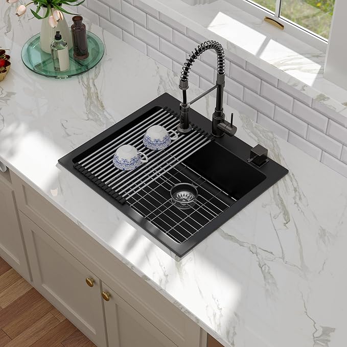 Kichae 25 Granite Composite Kitchen Sink - 25"x22" Grainte Quartz Drop In Topmount Black Deep Single Bowl Basin