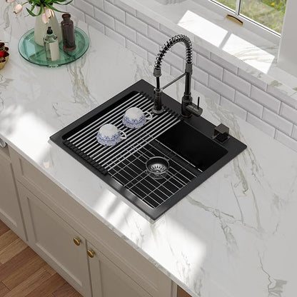 Kichae 25 Granite Composite Kitchen Sink - 25"x22" Grainte Quartz Drop In Topmount Black Deep Single Bowl Basin