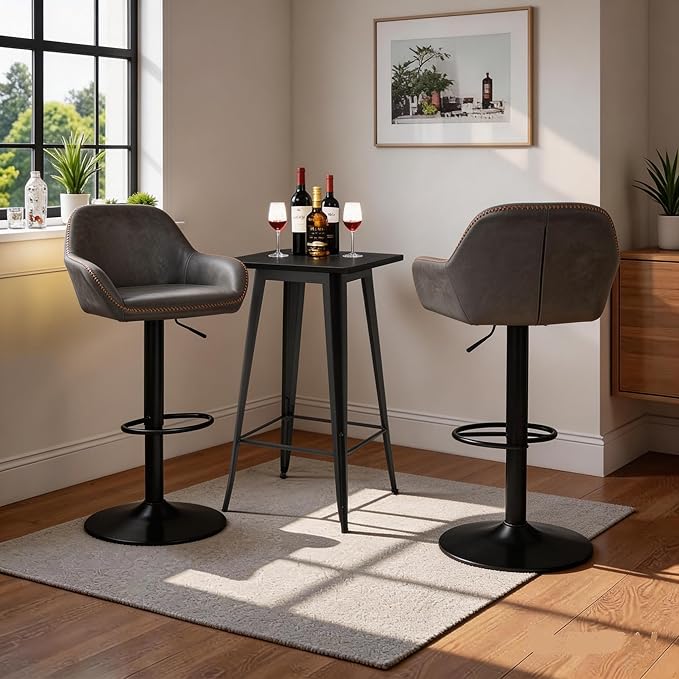 Glitzhome Bar Table and Chairs Set, Square Black Steel Pub Table with Soild Elm Wood Top and Bar Height Adjustable Swivel PU Leather Bar Stool for Breakfast Nook Living Room Small Space Restaurant