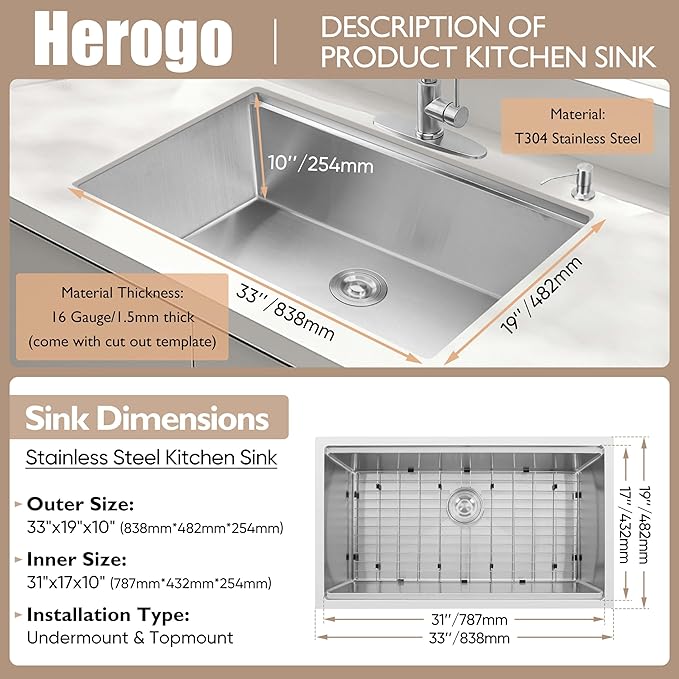 Herogo 33x19 Inch Kitchen Sink with Accessories, 18/10 Stainless Steel Undermount Kitchen Sink Workstation Single Bowl R10 Corner 10 Inch Deep