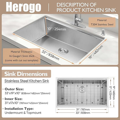 Herogo 33x19 Inch Kitchen Sink with Accessories, 18/10 Stainless Steel Undermount Kitchen Sink Workstation Single Bowl R10 Corner 10 Inch Deep