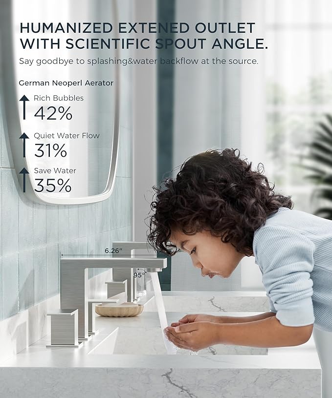 QFN Lead-Free Brushed Nickel Bathroom Faucet 3 Hole, Square Bathroom Sink Faucet 8 Inch Widespread, 2 Handle for 4"-12" Vanity Sink with Metal Pop Up Drain and 24" cUPC Supply Hoses