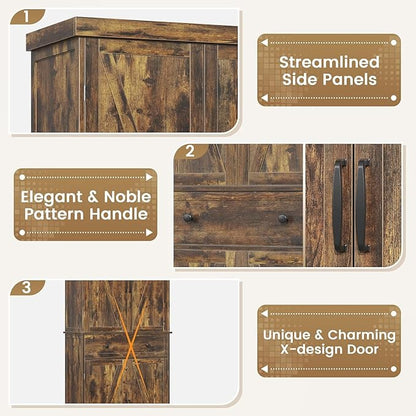 72" Tall Kitchen Pantry Cabinet, Rusty-Brown Pantry Storage Cabinet with Adjustable Shelves, Barn Doors and Drawer Farmhouse Cupboard for Kitchen, Dining Room, Bathroom (16" D x 30" W x 72" H)