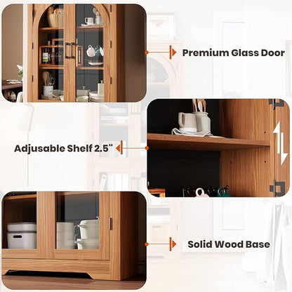 Garvee 70" Tall Kitchen Pantry Cabinet - Modern Display Cabinet with 4 Arched Glass Doors and Adjustable Shelves, Versatile Cupboard Organizers for Kitchen, Dining Room, Living Room, Bathroom, Walnut