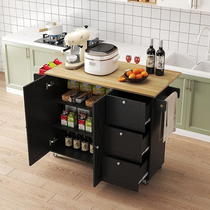 45.4" Rolling Kitchen Cart with Drop Leaf Top and Locking Wheels,Storage Cabinet and Adjustable Shelf,Mobile Kitchen Island with Spice Rack and Towel Bar,Drawers and Hooks (Black@q)