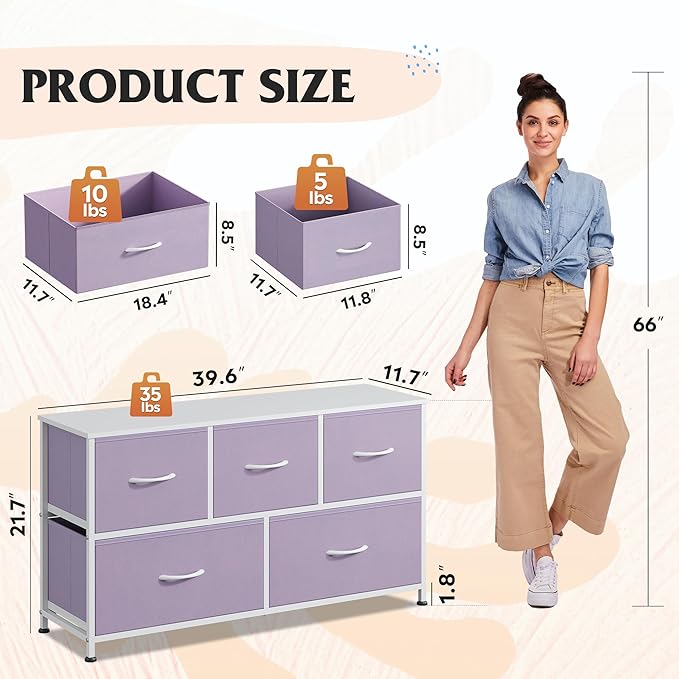 WLIVE Dresser for Bedroom with 5 Drawers, Wide Chest of Drawers, Fabric Dresser, Storage Organizer Unit with Fabric Bins for Closet, Living Room, Hallway, Purple