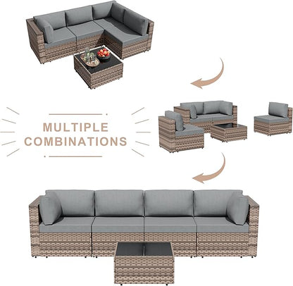 JAMFLY Patio Furniture Sets, 5-Piece Outdoor Patio Furniture with Thick Cushions, Wicker Outdoor Conversation Set Sectional Sofa for Backyard, Poolside, Garden(Grey Cushion)