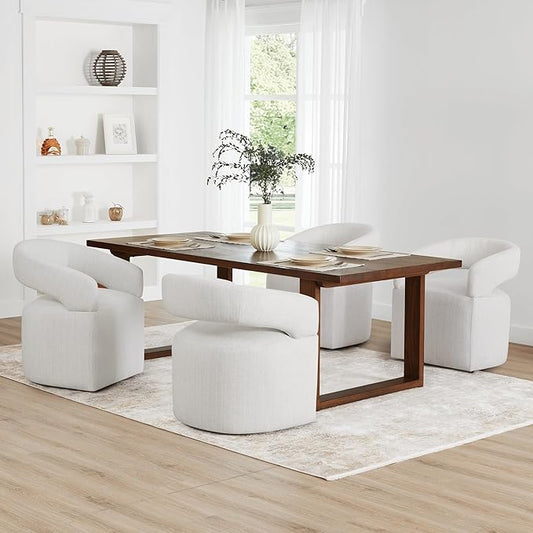 KISLOT Upholstered Dining Chairs with Casters, Modern Barrel Side Armchair with Rollers for Dining Room, Bedroom, Kitchen, Reading Room, Linen Fabric, Set of 4