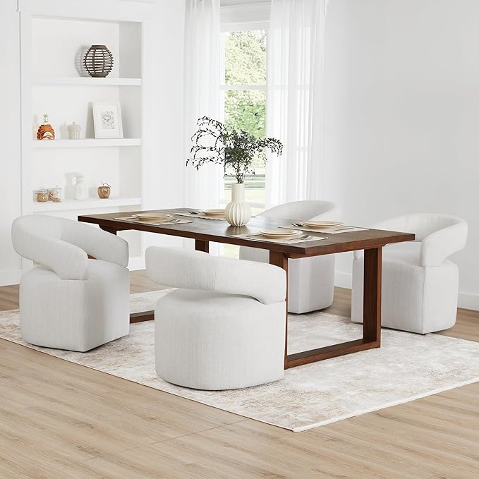 KISLOT Upholstered Dining Chairs with Casters, Modern Barrel Side Armchair with Rollers for Dining Room, Bedroom, Kitchen, Reading Room, Linen, Set of 4
