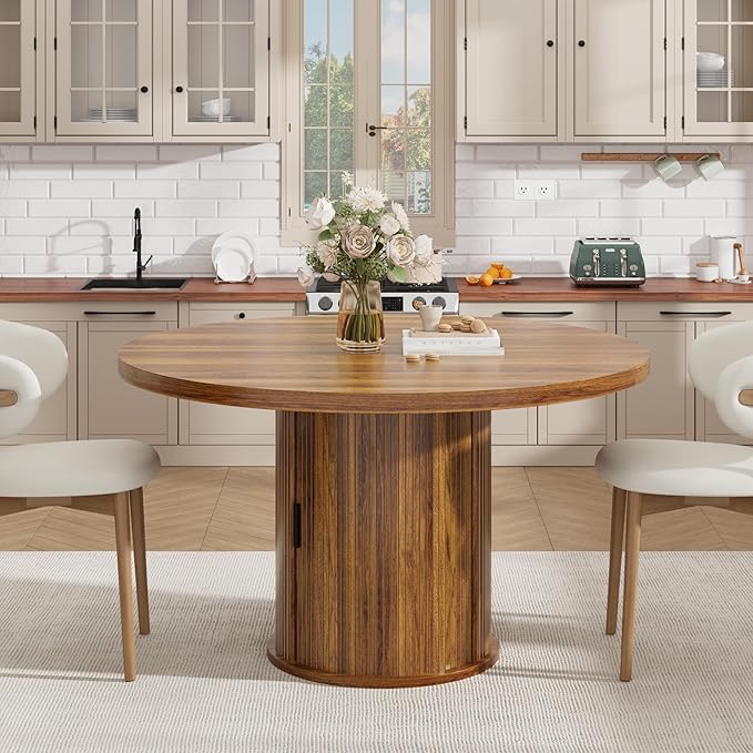 IDEALHOUSE 47" Round Dining Table for 4-6, Modern Farmhouse Kitchen Table with 2-Layer Storage Shelf & Drawer, Wooden Circle Dining Tables with Fluted Pedestal Base, Walnut