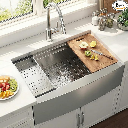 KINGO HOME 33 Inch 18 Gauge Handmade Stainless Steel Single Bowl Farmhouse Sink, Modern Farm Sink 33 Inch Apron Farmer Sinks for Kitchen Rustic With Accessories
