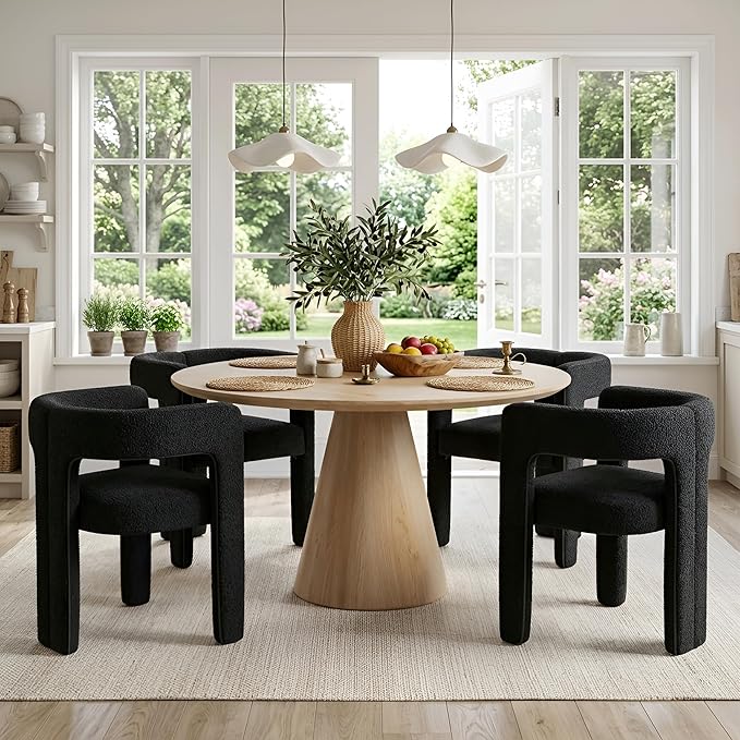 VESCASA Modern Barrel Dining Chairs Set of 2 with Open Back, Upholstered Boucle Accent Kitchen Armchairs with Wood Legs for Dining Room Reception Small Space, Black