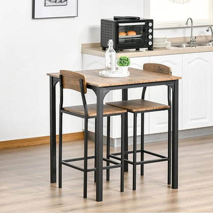 3 Piece Bar Table Set with Steel Legs & Footrests White Industrial Counter Height Dining Table for Small Spaces Kitchen Home Decor,Rustic Brown
