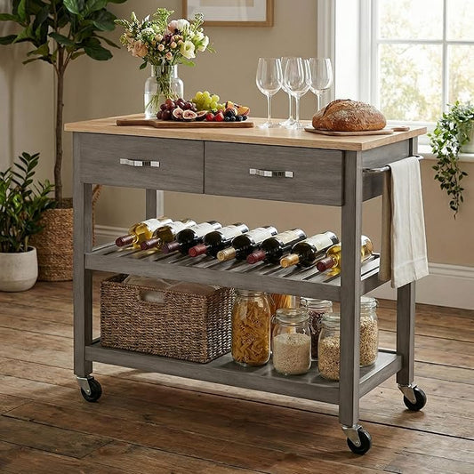 Casaphoria Amanda Collection Solid Wood Kitchen Island, 42" Butcher Block Cart with Rubberwood Top & Locable Wheels, Prep Table for Small Spaces (Weathered Gray)