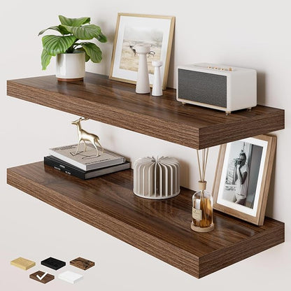 RICHFOCUS Deep Floating Shelves for Wall 2 Pack 12" D 36 Inch Wall Shelves for Room Wall|Wood Hanging Shelf with Invisible Brackets for Bathroom Bedroom Kitchen Laundry Room, Walnut
