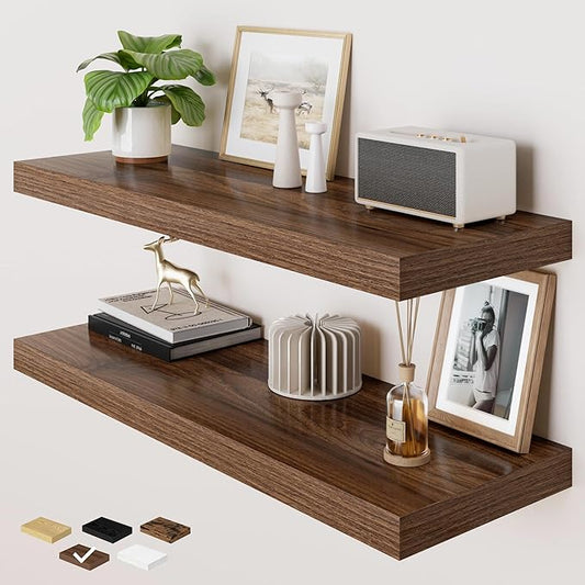RICHFOCUS Deep Floating Shelves for Wall 2 Pack 12" D 36 Inch Wall Shelves for Room Wall|Wood Hanging Shelf with Invisible Brackets for Bathroom Bedroom Kitchen Laundry Room, Walnut