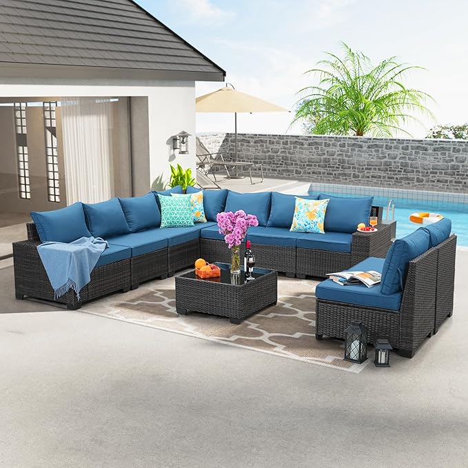 JOYURE 10 Pieces Patio Furniture Set All-Weather Outdoor Wicker Sectional Conversation Sofa Rattan Patio Seating Sofa with Cushion and Glass Table for Porch Poolside,Peacock Blue