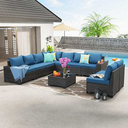 JOYURE 10 Pieces Patio Furniture Set All-Weather Outdoor Wicker Sectional Conversation Sofa Rattan Patio Seating Sofa with Cushion and Glass Table for Porch Poolside,Peacock Blue