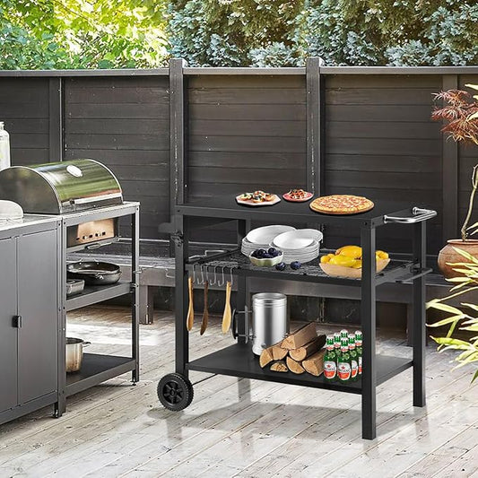Kendane Grill Cart Table with Three Shelf, Movable Outdoor Dining Cart Pizza Oven Stand with Three Hooks, Kitchen Cart Island Multifunction Food Prep Table (Black)