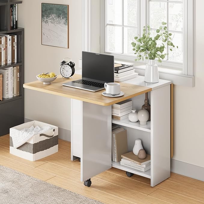 IDEALHOUSE FoldingTable, Drop Leaf Dining Table with 6 Wheels and 2-Layer Storage Shelf, Space Saving Table for Small Spaces (Natural Wood, 47.2" D x 23.6" W x 29.5" H)