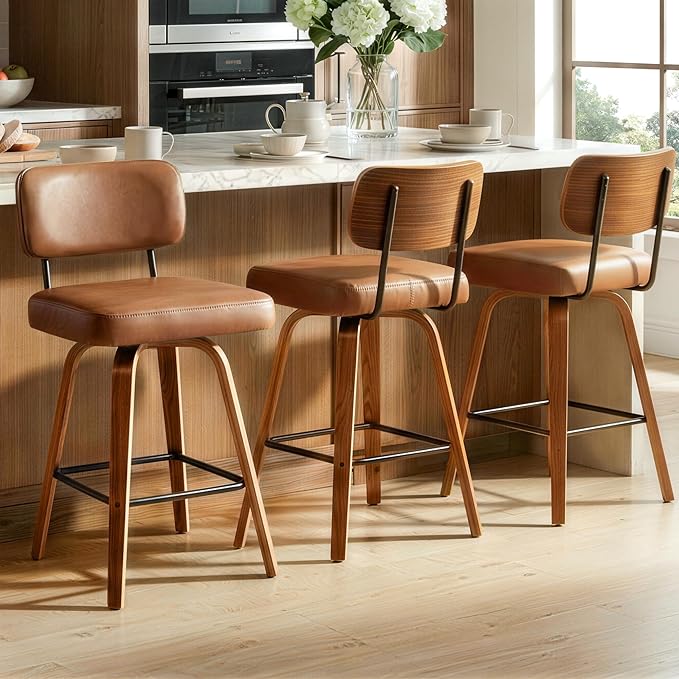 Swivel Bar Stools Set of 2, 26" Upholstered Counter Height Bar Stools with Back and Bent Walnut Wood Legs, Faux Leather Modern Barstools for Kitchen Island,Brown