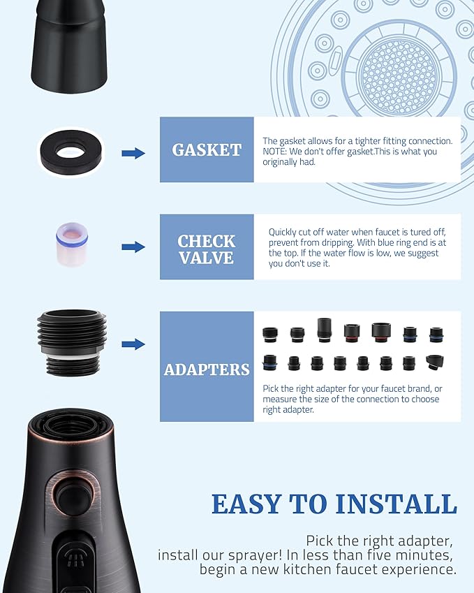 Metal Kitchen Faucet Head Replacement - with 15 Adapters, Pull Down Spray Head for Kitchen Faucet, 3 Function Sprayer Nozzle Stainless Steel, Oil Rubbed Bronze