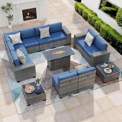 13 Piece Patio Furniture Set with Fire Pit Table, Outdoor Conversation Sets Grey Wicker Rattan Sectional Sofa, 4'' Thickened Cushion Navy Blue