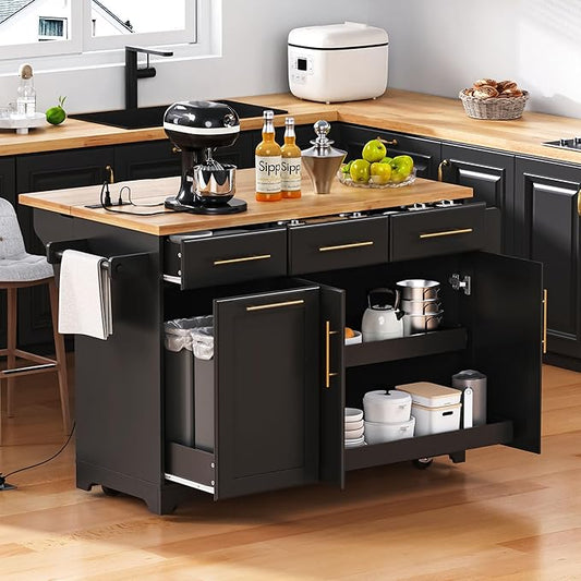 JIJIWANG 59.3" Kitchen Island with Storage 2 Pull Out Cabinet Organizers & Rubber Wood Drop Leaf, Rolling Island with Trash Can Storage, Power Outlet, Spice & Towel Rack for Kitchen, Dining, Black