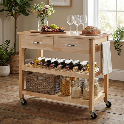 Casaphoria Amanda Collection Solid Wood Kitchen Island, 42" Butcher Block Cart with Rubberwood Top & Locable Wheels, Prep Table for Small Spaces (Natural)