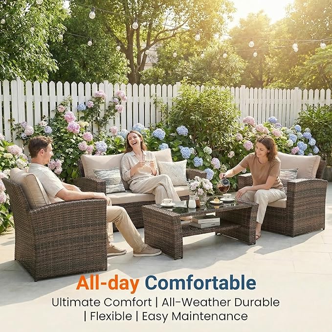 Wisteria Lane Patio Furniture Set, Wicker Outside Outdoor Furniture for All Weather, Patio Sofa with High Backrest Support and Wide Armrest for Backyard, Balcony, Deck, Porch, Brown