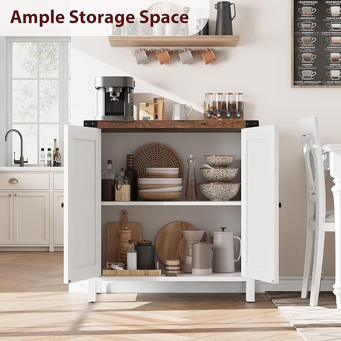 GarveeHome Small Storage Cabinet, Farmhouse Sideboard Buffet Cabinet with 2 Doors and Adjustable Shelves, Accent Entryway Console Cabinets for Living Room, Dining Room (White+Brown, 1 Pieces)