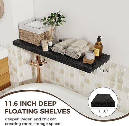 Fun Memories Deep Floating Shelves, 36" W x 12" D Wood Floating Shelves for Wall, 2 Pack Extra Deeper & Thicker Wall Mounted Storage Shelf for Living Room Laundry Room Kitchen Home Office, Black
