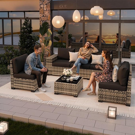 Patio Furniture Set, Wide Armrest Outdoor Furniture Set with Thick Cushions, 6 Piece Wicker Rattan Patio Sectional Sofa for Backyard, Poolside, Garden