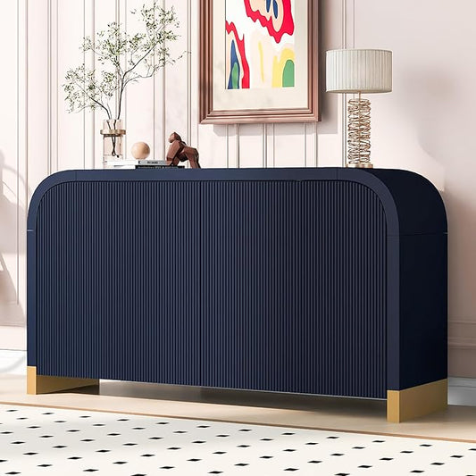 Merax Sideboard Buffet Cabinet with Storage Adjustable Shelves & Unique Curved Corner, Wavy Door Panel Accent Wood Console Table for Coffee Bar, Living Room and Entrance, Easy Assembly, Navy Blue