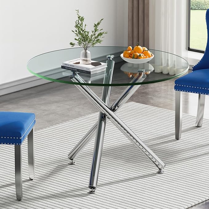 Glass Dining Table,36'' Round Dining Kitchen Table,Modern X-Design Dining Room Table with Silver Metal Base for Dining Room