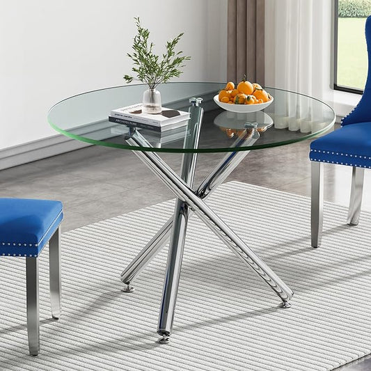 Glass Dining Table,36'' Round Dining Kitchen Table,Modern X-Design Dining Room Table with Silver Metal Base for Dining Room