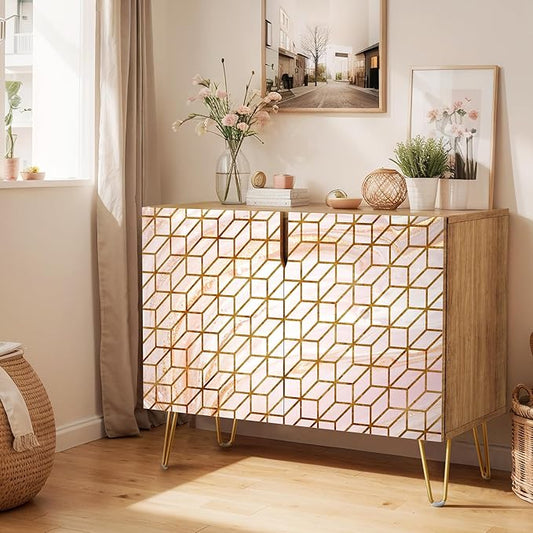 SIGNWIN Sideboard Buffet Cabinet, Kitchen Storage Cabinet with 2 Doors, 3D Square Optical Illusion Patterns, Cupboard Console Table for Dining Room - 35" L x 18" W x 29" H
