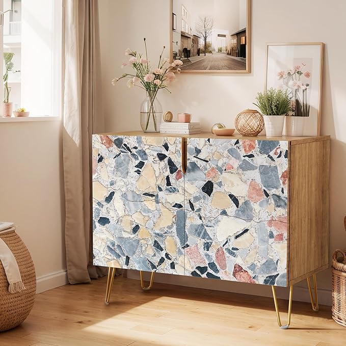 SIGNWIN Sideboard Buffet Cabinet, Kitchen Storage Cabinet with 2 Doors, Colorful Fractal Granite Pattern, Cupboard Console Table for Dining Room - 35" L x 18" W x 29" H